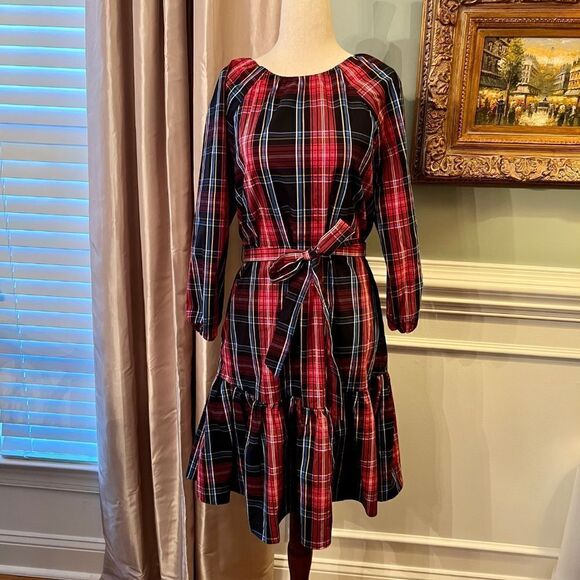 NEW Draper James RSVP Holiday Tartan Plaid Open Back Bow Ruffle Dress Size SMALL - Picture 3 of 5
